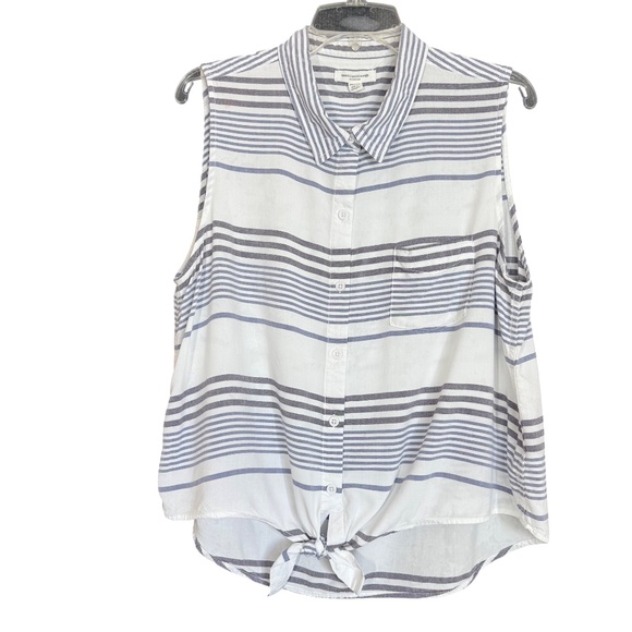 Beachlunchlounge White Gray Striped Tie Front Button Front Sleeveless Top XL - Picture 3 of 9